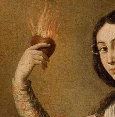 peinture médiévale femme avec coeur enflammé